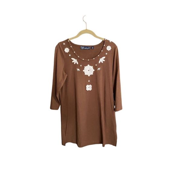 Susan graver liquid women’s brown embroidered floral tunic top size xs - Picture 2 of 4